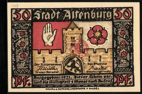 Notgeld Altenburg 1921, 50 Pfennig, Turm, Hand und Blume, Wappen, Sächs. Prinzenraub: Ritter mit Strickleiter