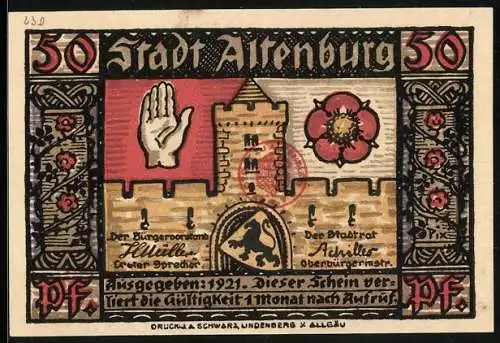 Notgeld Altenburg 1921, 50 Pfennig, Turm, Hand und Blume, Wappen, Sächs. Prinzenraub: Ritter und Kind