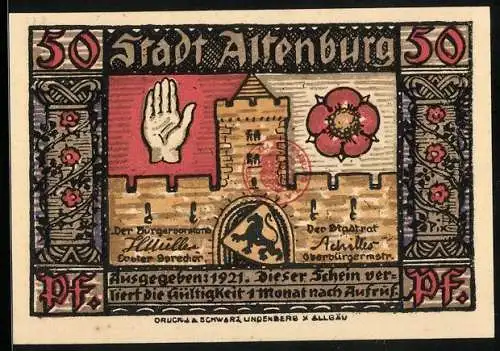 Notgeld Altenburg 1921, 50 Pfennig, Turm, Hand und Blume, Wappen, Sächs. Prinzenraub: Prinz und Köhler