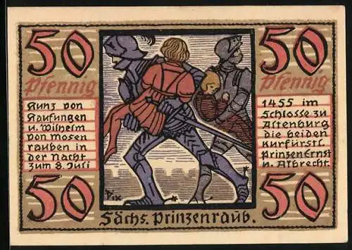 Notgeld Altenburg 1921, 50 Pfennig, Turm, Hand und Blume, Wappen, Sächs. Prinzenraub: Räuber mit Prinzen
