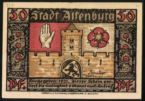 Notgeld Altenburg 1921, 50 Pfennig, Turm, Hand und Blume, Wappen, Sächs. Prinzenraub: Räuber mit Prinzen