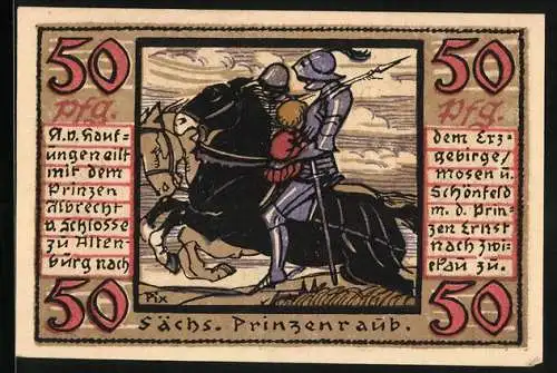Notgeld Altenburg 1921, 50 Pfennig, Turm, Hand und Blume, Wappen, Sächs. Prinzenraub: Flucht mit Kind