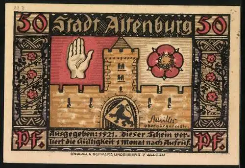 Notgeld Altenburg 1921, 50 Pfennig, Turm, Hand und Blume, Wappen, Sächs. Prinzenraub: Köhler beim Kampf