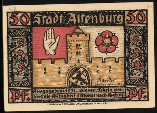 Notgeld Altenburg 1921, 50 Pfennig, Turm, Hand und Blume, Wappen, Sächs. Prinzenraub: Auslieferung Prinz Ernst