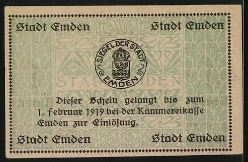 Notgeld Emden 1919, 1 Mark, Siegel, Ornamente