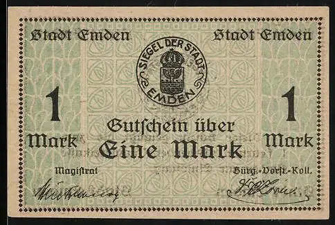 Notgeld Emden 1919, 1 Mark, Siegel, Florale Ornamente