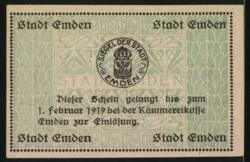 Notgeld Emden 1919, 1 Mark, Siegel, Florale Ornamente