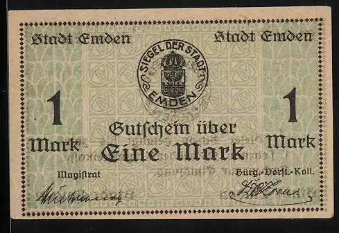 Notgeld Emden 1919, 1 Mark, Siegel, Blattornamente