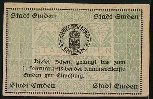 Notgeld Emden 1919, 1 Mark, Siegel, Blattornamente