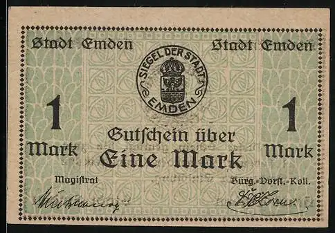 Notgeld Emden 1919, 1 Mark, Siegel und Ornamente