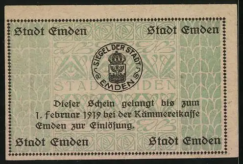 Notgeld Emden 1919, 1 Mark, Siegel und Ornamente