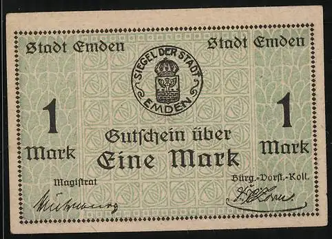 Notgeld Emden 1919, 1 Mark, Siegel u. Ornamente