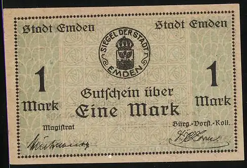 Notgeld Emden 1919, 1 Mark, Ornamente, Siegel