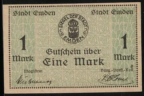 Notgeld Emden 1919, 1 Mark, Ornamente, Siegel der Stadt
