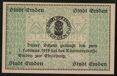 Notgeld Emden 1919, 1 Mark, Ornamente, Siegel der Stadt