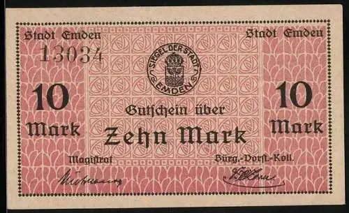 Notgeld Emden 1919, 10 Mark, Ornamente, Stadtsiegel