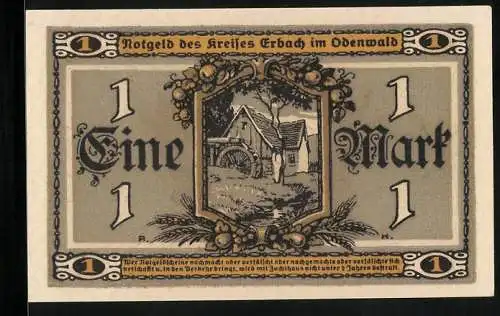 Notgeld Erbach /Odenwald 1918, 1 Mark, Wassermühle, Bäuerin mit Ähren und Sichel, Siegel