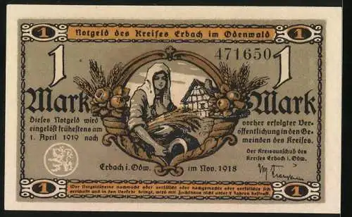 Notgeld Erbach /Odenwald 1918, 1 Mark, Wassermühle, Bäuerin mit Ähren und Sichel, Siegel