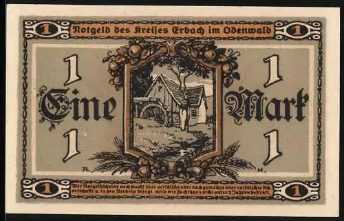 Notgeld Erbach /Odenwald 1918, 1 Mark, Wassermühle, Bäuerin, Ähren und Sichel, Siegel, Früchte