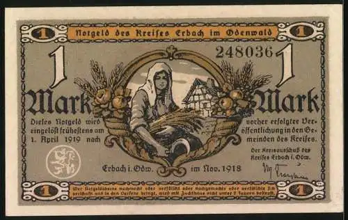 Notgeld Erbach /Odenwald 1918, 1 Mark, Wassermühle, Bäuerin, Ähren und Sichel, Siegel, Früchte