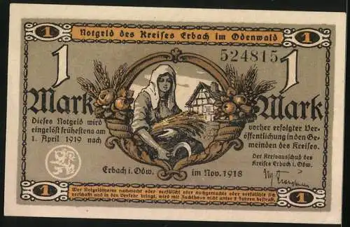 Notgeld Erbach /Odenwald 1918, 1 Mark, Wassermühle, Bäuerin mit Ährenstrauss und Sichel, Siegel, Früchte