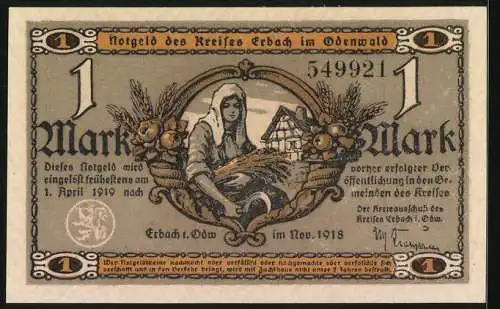 Notgeld Erbach /Odenwald 1918, 1 Mark, Wassermühle, Bäuerin mit Ähren und Sichel vor Bauernhaus, Früchte, Siegel