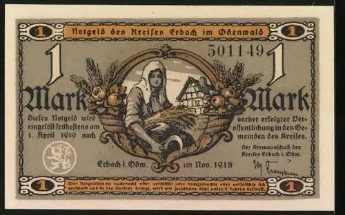 Notgeld Erbach /Odenwald 1918, 1 Mark, Wassermühle, Bäuerin mit Ähren und Sichel, Bauernhaus, Früchte, Siegel