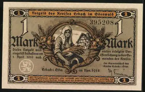 Notgeld Erbach /Odenwald 1918, 1 Mark, Wassermühle, Siegel, Bäuerin mit Ähren und Sichel, Bauernhaus, Früchte