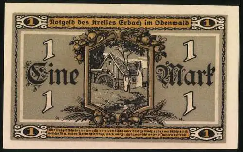 Notgeld Erbach /Odenwald 1918, 1 Mark, Wassermühle, Siegel, Bäuerin mit Ähren und Sichel, Haus, Früchte