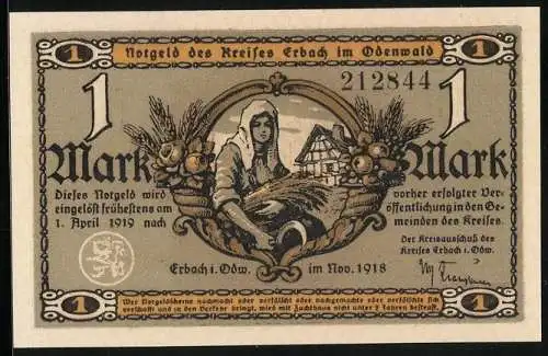 Notgeld Erbach /Odenwald 1918, 1 Mark, Wassermühle, Siegel, Bäuerin mit Ähren und Sichel, Fachwerkhaus, Früchte