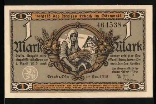 Notgeld Erbach /Odenwald 1918, 1 Mark, Wassermühle, Siegel, Bäuerin mit Kopftuch, Ähren und Sichel, Bauernhaus, Früchte