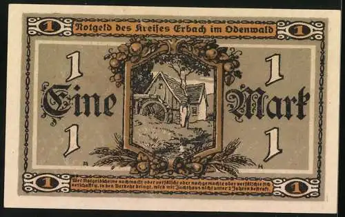 Notgeld Erbach /Odenwald 1918, 1 Mark, Wassermühle, Siegel, Bäuerin mit Kopftuch, Ähren und Sichel, Bauernhaus, Früchte