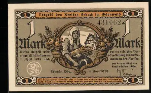 Notgeld Erbach /Odenwald 1918, 1 Mark, Wassermühle, Bäuerin mit Ähren und Sichel, Bauernhaus, Früchte, Siegel