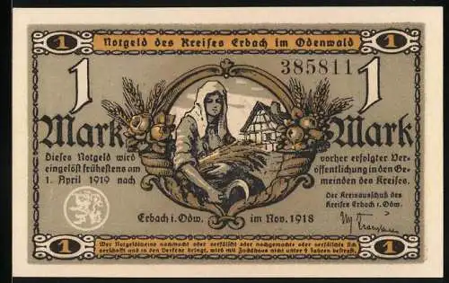 Notgeld Erbach /Odenwald 1918, 1 Mark, Wassermühle, Bäuerin mit Ähren und Sichel, Bauernhaus, geerntete Früchte, Siegel