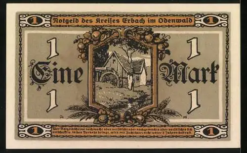 Notgeld Erbach /Odenwald 1918, 1 Mark, Wassermühle, Bäuerin mit Ähren und Sichel, Bauernhaus, geerntete Früchte, Siegel