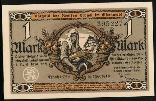 Notgeld Erbach /Odenwald 1918, 1 Mark, Wassermühle, Bäuerin mit Ähren und Sichel, Bauernhaus, Erntefrüchte, Siegel