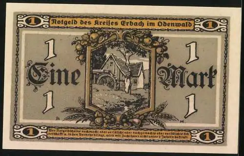 Notgeld Erbach /Odenwald 1918, 1 Mark, Wassermühle, Bäuerin mit Ähren und Sichel, Bauernhaus, Erntefrüchte, Siegel