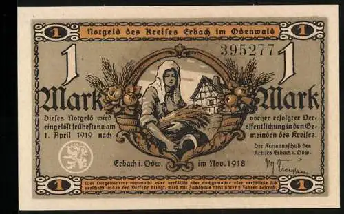 Notgeld Erbach /Odenwald 1918, 1 Mark, Wassermühle, Bäuerin mit Ähren und Sichel, Bauernhaus, Feldfrüchte, Siegel