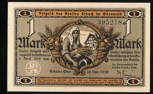 Notgeld Erbach /Odenwald 1918, 1 Mark, Wassermühle, Bäuerin mit Ähren und Sichel, Haus, Früchte in Füllhörnern, Siegel