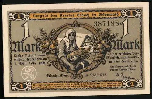 Notgeld Erbach /Odenwald 1918, 1 Mark, Wassermühle, Bäuerin mit Ähren und Sichel, Haus, Füllhörner mit Früchten, Siegel