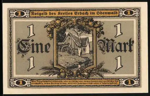 Notgeld Erbach /Odenwald 1918, 1 Mark, Wassermühle, Bäuerin mit Ähren und Sichel, Haus, Füllhörner, Erntefrüchte, Siegel