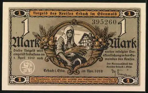 Notgeld Erbach /Odenwald 1918, 1 Mark, Wassermühle, Bäuerin mit Ähren und Sichel, Haus, Füllhörner, Erntefrüchte, Siegel