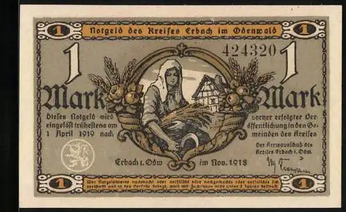 Notgeld Erbach /Odenwald 1918, 1 Mark, Mühle, Bäuerin mit Ähren und Sichel, Haus, Früchte in Füllhörnern, Siegel