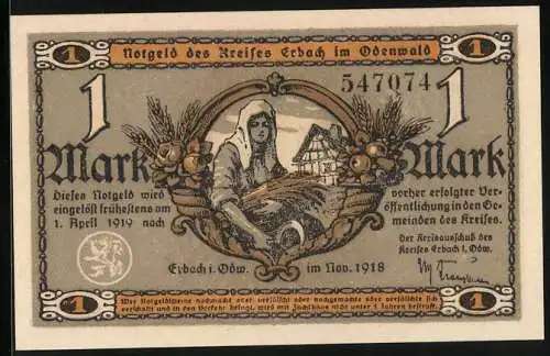 Notgeld Erbach /Odenwald 1918, 1 Mark, Mühle, Siegel, Bäuerin mit Ähren und Sichel, Haus, Früchte in Füllhörnern