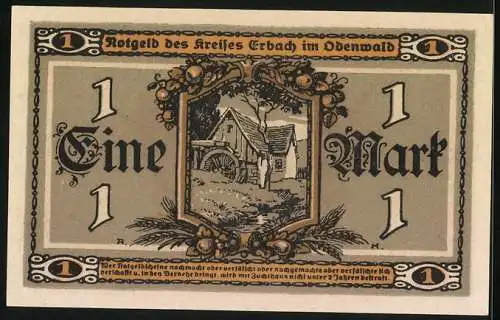 Notgeld Erbach /Odenwald 1918, 1 Mark, Mühle, Siegel, Bäuerin mit Ähren und Sichel, Haus, Früchte in Füllhörnern