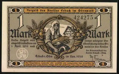 Notgeld Erbach /Odenwald 1918, 1 Mark, Mühle, Bäuerin mit Ähren und Sichel, Haus, Ernte, Siegel