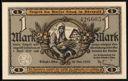 Notgeld Erbach /Odenwald 1918, 1 Mark, Mühle mit Rad, Bäuerin mit Ähren und Sichel, Haus, Früchte in Füllhörnern, Siegel