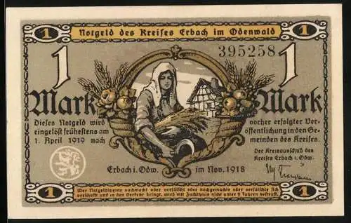 Notgeld Erbach /Odenwald 1918, 1 Mark, Mühle, Junge Bäuerin mit Ähren und Sichel, Haus, Früchte in Füllhörnern, Siegel