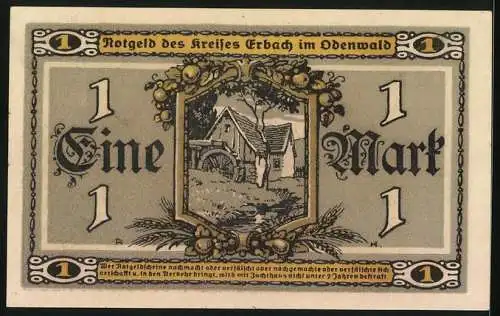 Notgeld Erbach /Odenwald 1918, 1 Mark, Mühle, Junge Bäuerin mit Ähren und Sichel, Haus, Früchte in Füllhörnern, Siegel