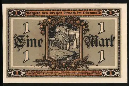 Notgeld Erbach /Odenwald 1918, 1 Mark, Mühle, Bauersfrau mit Ähren und Sichel, Haus, Früchte in Füllhörnern, Siegel